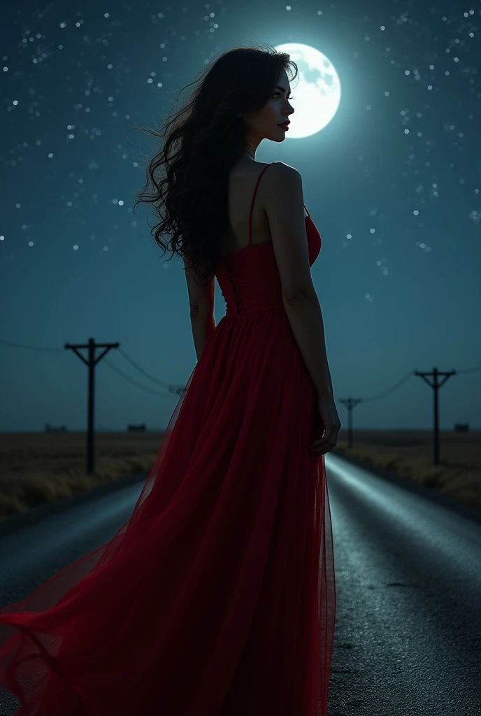 Spanish dark brunette woman, 45 years senior, sensuous, big bust, rosto sensuous, red mouth, dark brown wavy hair down to the butt, large and gluteal, long red dress, at an empty crossroads, full moon at night