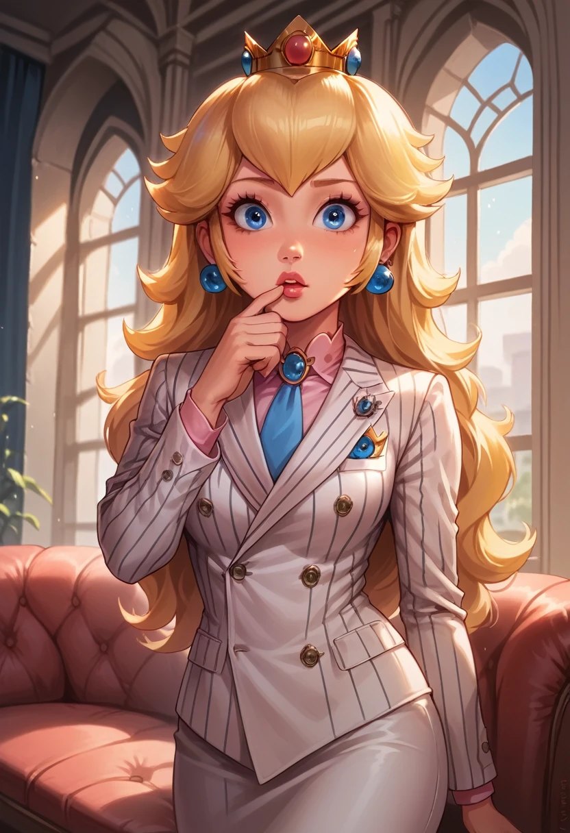 Score_9, Score_8_up, Score_7_up, Score_6_up, (best quality), realistic skin texture, black sofa, 1 girl, Princess Peach, double-breasted suits, 1girl, solo, formal, jewelry, navy pinstripe suit, necktie, earrings, jacket, shirt, window, jacket, shirt, pencil skirt, makeup, (lipstick: 0.5), blonde hair, wavy hair, straight hair, long hair , hair in the wind, lips parted, blue eyes, interior, room, sofa, rich, crown, golden crown, facing viewer, medium breasts, looking at viewer, seductive, alone, hand before mouth, surprised