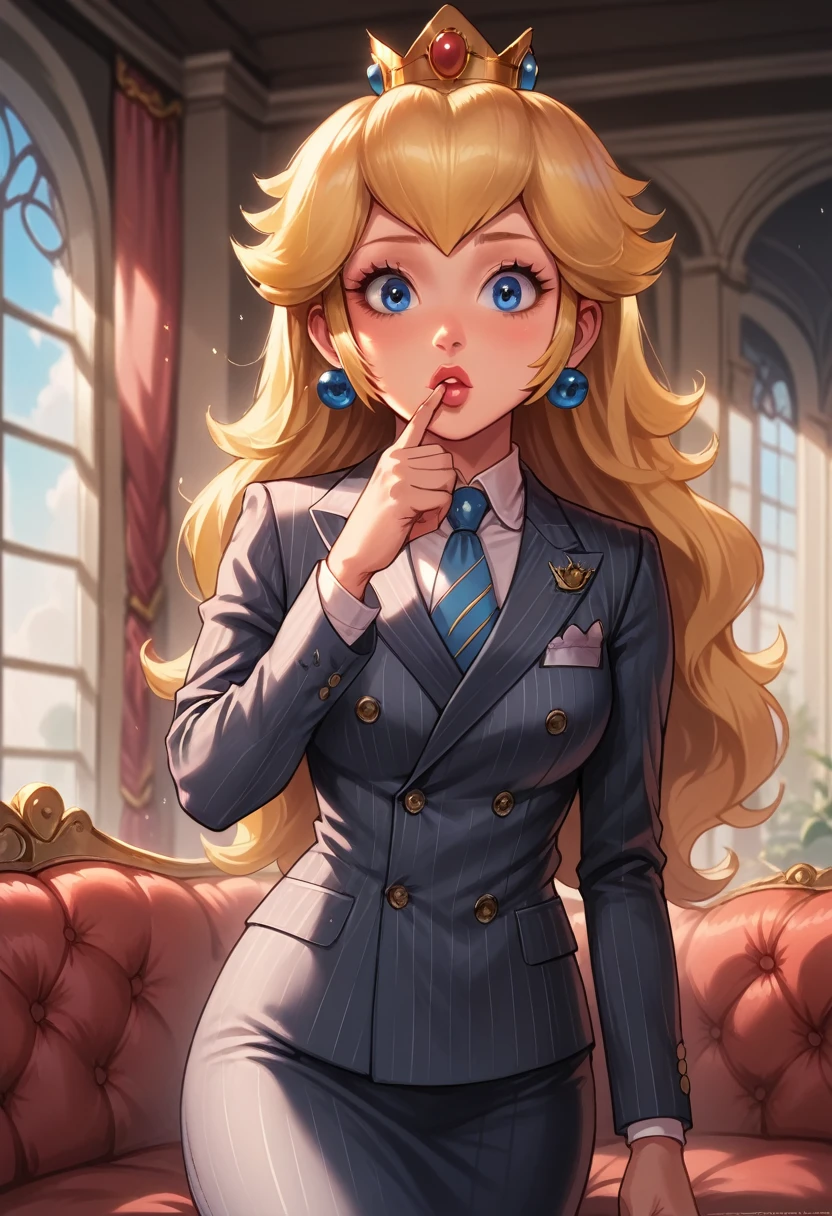 Score_9, Score_8_up, Score_7_up, Score_6_up, (best quality), realistic skin texture, black sofa, 1 girl, Princess Peach, double-breasted suits, 1girl, solo, formal, jewelry, navy pinstripe suit, necktie, earrings, jacket, shirt, window, jacket, shirt, pencil skirt, makeup, (lipstick: 0.5), blonde hair, wavy hair, straight hair, long hair , hair in the wind, lips parted, blue eyes, interior, room, sofa, rich, crown, golden crown, facing viewer, medium breasts, looking at viewer, seductive, alone, hand before mouth, surprised