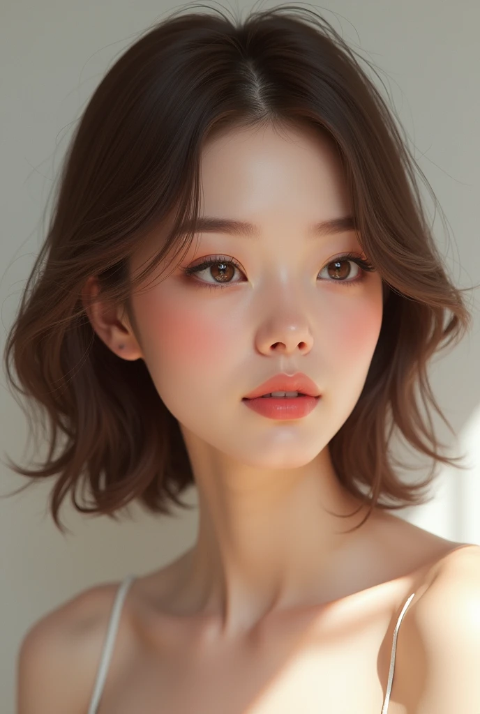 A drawing of a white woman, with light brown eyes, straight brown hair, long and elegant eyelashes