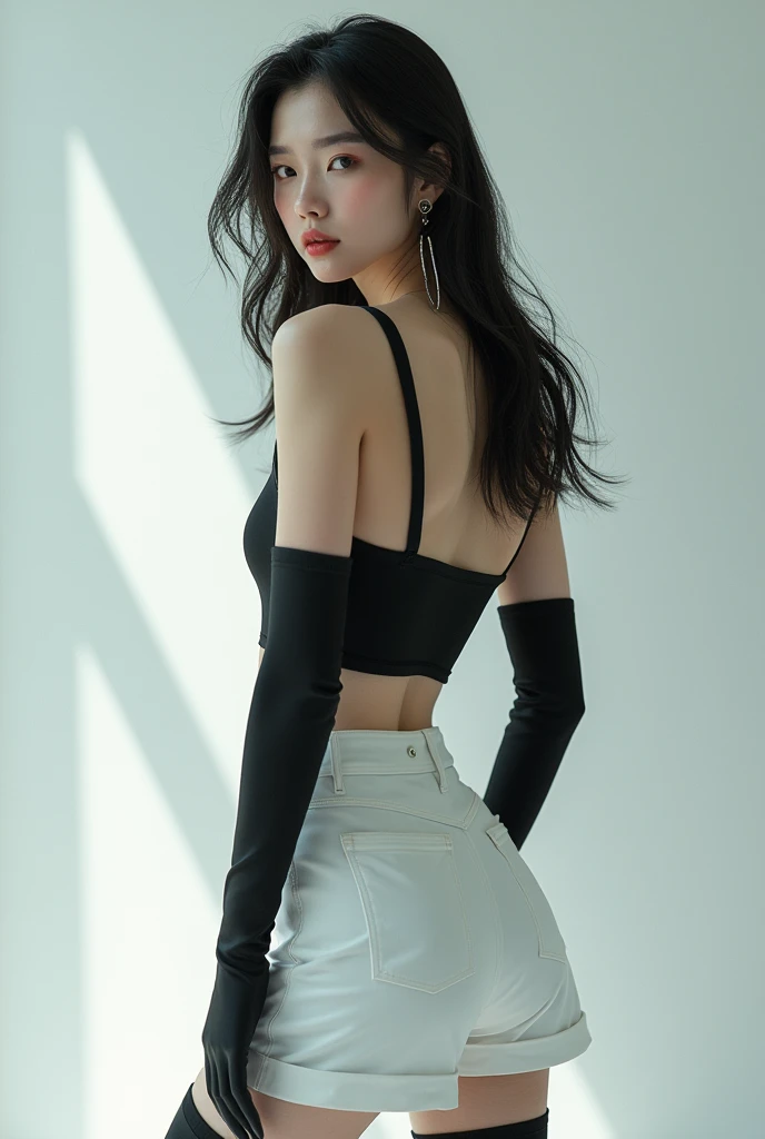 Korean girl, black thigh high boots, white pants, long gloves