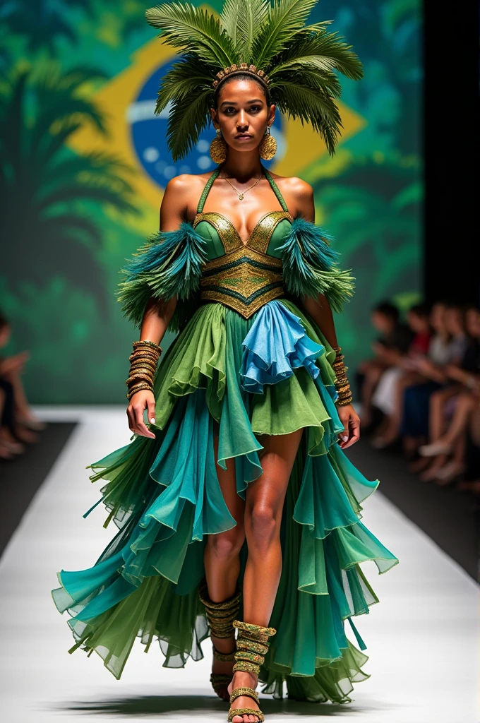 "A Brazilian model on a catwalk, wearing a conceptual outfit inspired by Brazilian culture. The costume is vibrant and colorful, combining elements of Brazilian flora and fauna, like tropical foliage and macaw feathers, with geometric shapes reminiscent of indigenous art. The dress is voluminous, with layers in different shades of green and blue, contrasting with golden details that refer to gold. Accessories include large leaf-shaped earrings, wooden bracelets and a stylized headdress with lush feathers. The lighting is soft and highlights the details of the clothing, while the background presents an abstraction of Brazilian landscapes."