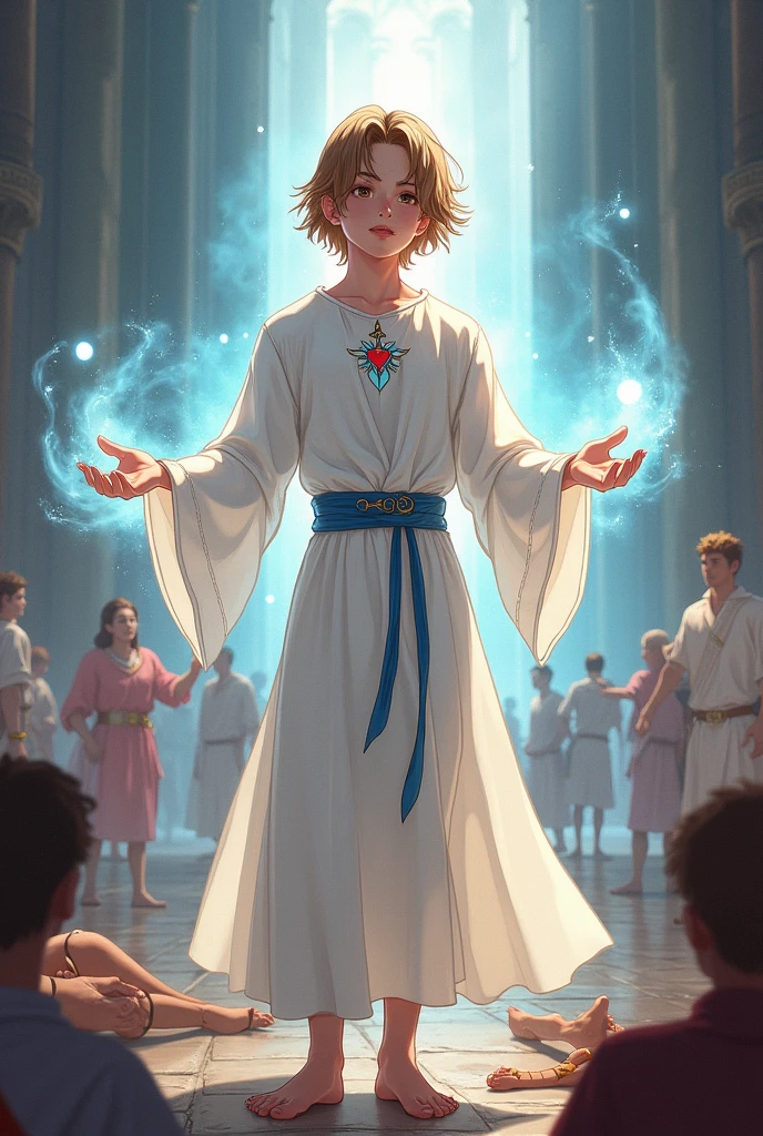 a young half-elf man with delicate, feminine features and shoulder-length light brown hair.
 
wearing white medieval clothing with a symbol of a light blue feather over a red heart drawn on the clothes at chest height.

 emitting light from hands to heal injured people in medieval anime cartoon style
