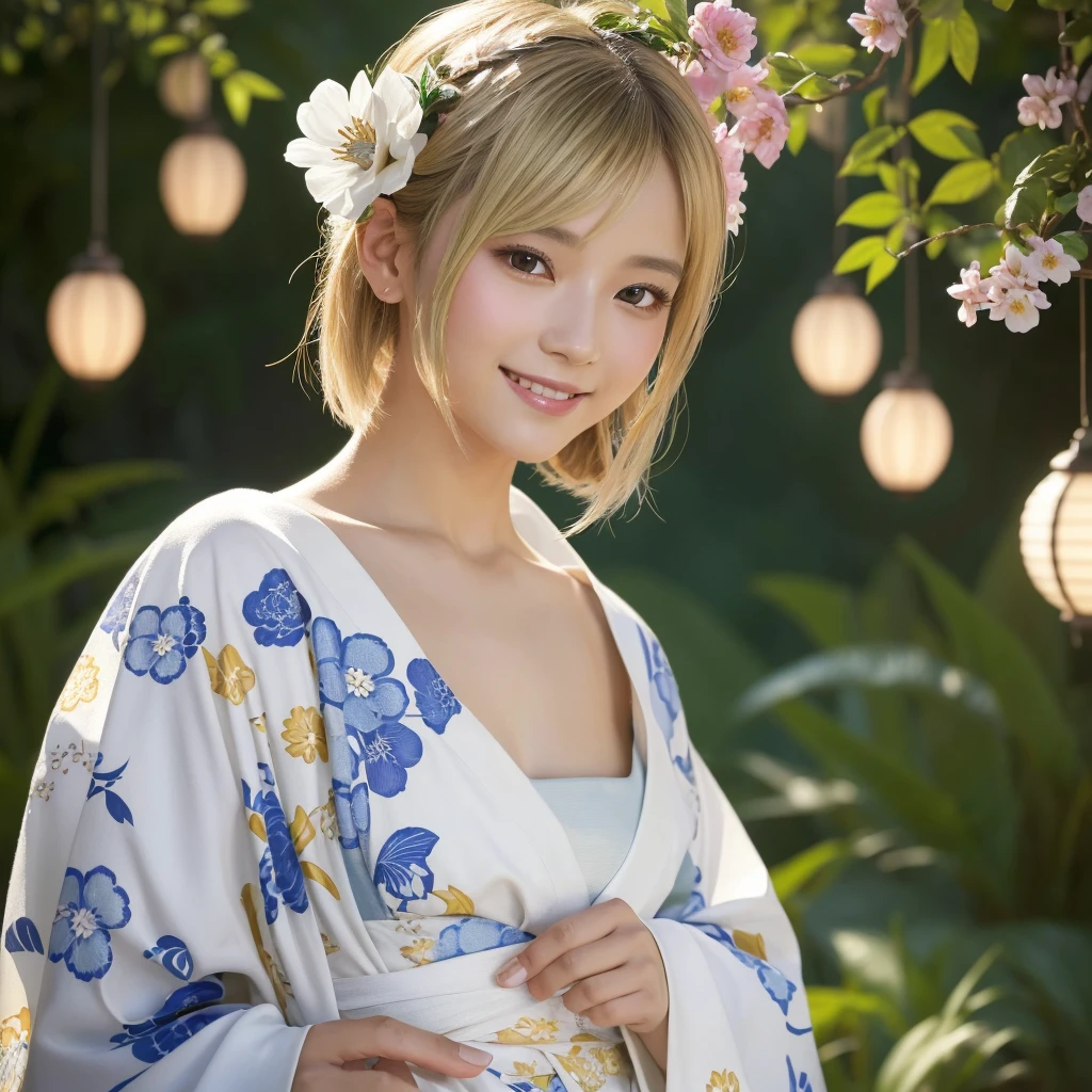 (1 Sexy Woman, Solo, Blonde Hair, Flower Hair Ornaments, White Floral Pattern Yukata, Smile:1.4), (Detailed Eyes, Beautiful Legs, Beautiful Eyes, glossy lip, cleavage, Smile:1.2), (Cowboy Shot:1.2), Close-up:1.3, (Summer, Japanese Fastival, lantern, Sunny, blurred background:1.3), ((anatomically correct)), (Futuristic Portrait), The beginning of a romantic love, 1 girl only, Japanese style, wearing a haori, mitsumayo, Short hair, (Most emphasize the body line:1.1), In the morning, Shining ultra high resolution beautiful skin, ultra high resolution glossy lips, Rim Lighting, Cinematic Light, Look at viewer, no futuro telhado de luz neon, SSCI - FI e Fantasia, intrincado e muito bonito e elegante, altamente detalhado, pintura digital, art-station, arte conceitual, smooth and sharp focus, illustration, Arte de Tan Zi e Ayanamikodon e Alphonse Mucha e Wlop