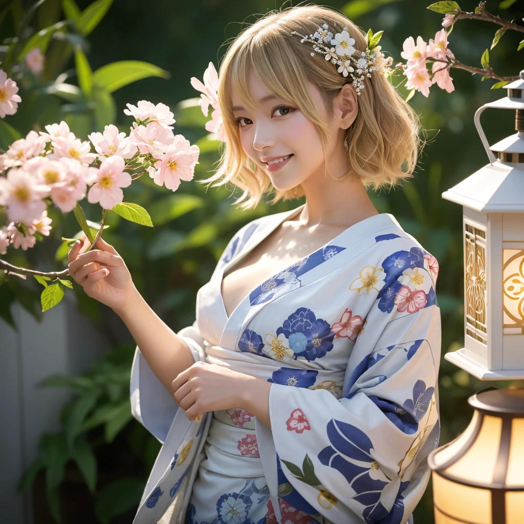 (1 Sexy Woman, Solo, Blonde Hair, Flower Hair Ornaments, White Floral Pattern Yukata, Smile:1.4), (Detailed Eyes, Beautiful Legs, Beautiful Eyes, glossy lip, cleavage, Smile:1.2), (Cowboy Shot:1.2), Close-up:1.3, (Summer, Japanese Fastival, lantern, Sunny, blurred background:1.3), ((anatomically correct)), (Futuristic Portrait), The beginning of a romantic love, 1 girl only, Japanese style, wearing a haori, mitsumayo, Short hair, (Most emphasize the body line:1.1), In the morning, Shining ultra high resolution beautiful skin, ultra high resolution glossy lips, Rim Lighting, Cinematic Light, Look at viewer, no futuro telhado de luz neon, SSCI - FI e Fantasia, intrincado e muito bonito e elegante, altamente detalhado, pintura digital, art-station, arte conceitual, smooth and sharp focus, illustration, Arte de Tan Zi e Ayanamikodon e Alphonse Mucha e Wlop