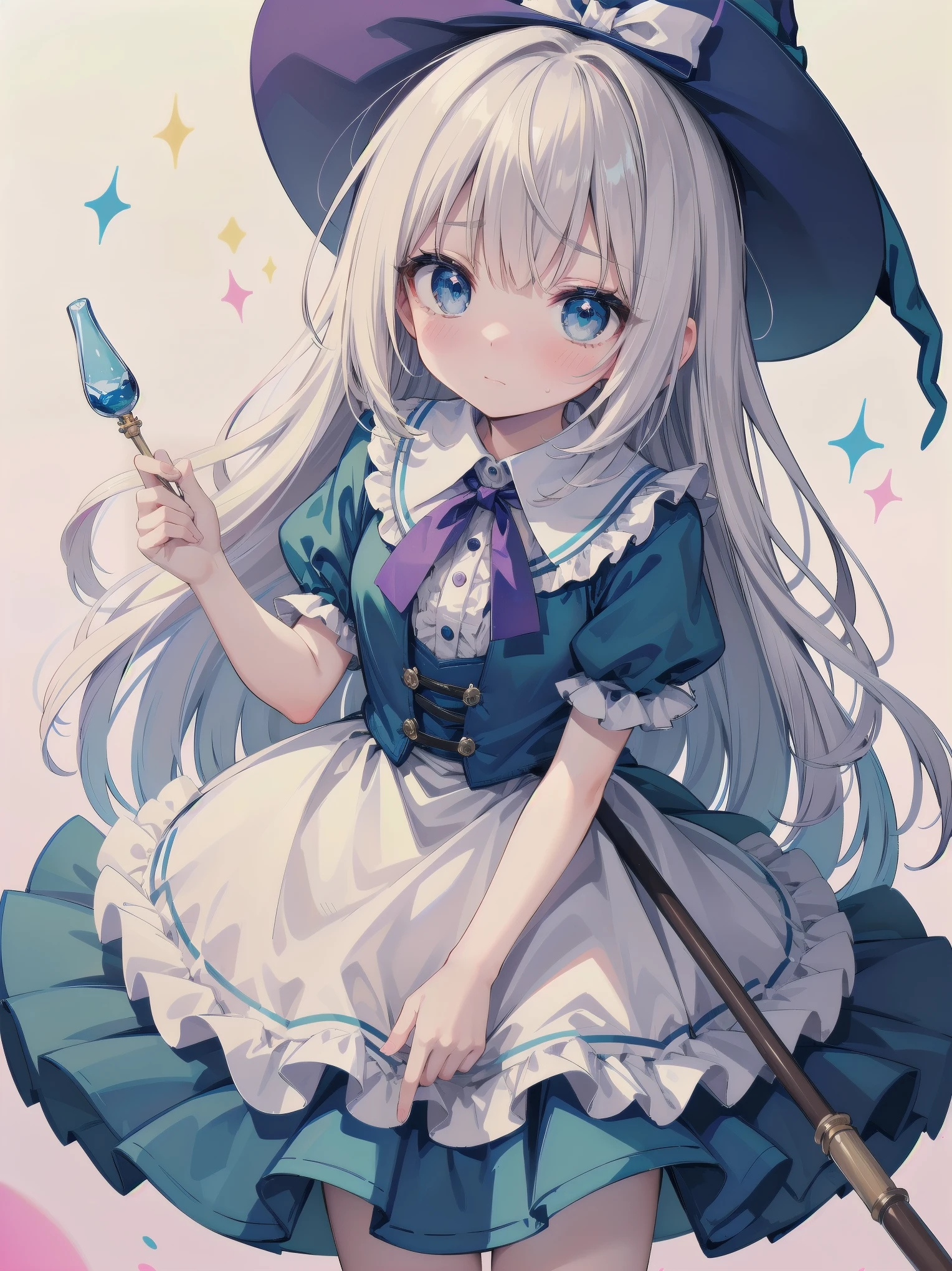 🎶, (🧙‍♀️), ✡, ✨(hat), , Alice in Wonderland, Alone, very beautiful, cute, adorable, embarrassed, alone, blue eyes, look at viewer, looking up, kawaii tech, pastel colors, kawaii, cute colors, Alice in Wonderland, alone, very beautiful, cute, adorable, embarrassed, alone, blue eyes