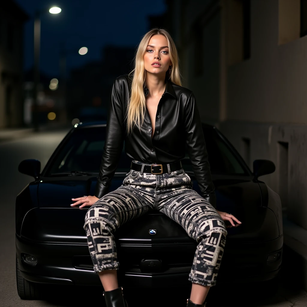 Margot Robbie, 20 years old with straight and long blonde hair, shiny textured skin, delicate nude lips, light blue eye color, oversized black tailored pants, completely printed with gray graffiti letters with diagonal words, black belt, leather blouse black v-neck, sleeveless, black sneakers. Sitting on the hood of a black car, on a street at night