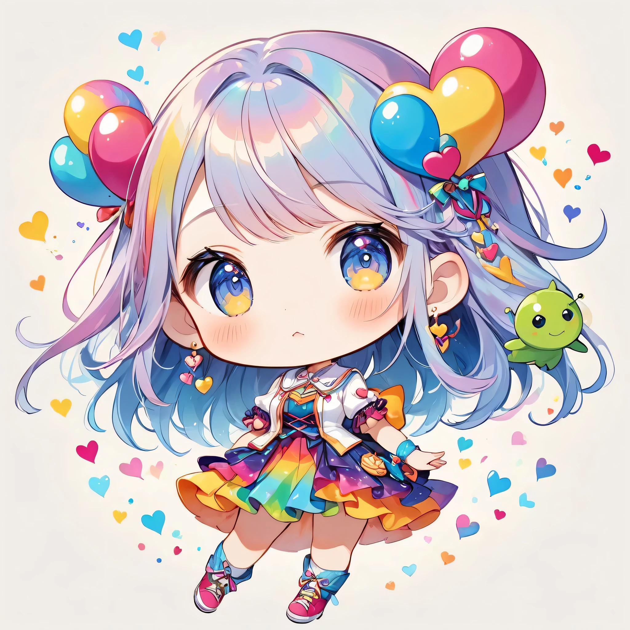 Mika Pikazo colorfull style, Simple Line Initialism,Abstract art,(((The most beautiful girl of all time))), (((chibi))), Sweet face. colorful hearts, funny design, (((bosom buddy ))), (((Cute Aliens))), The background is space