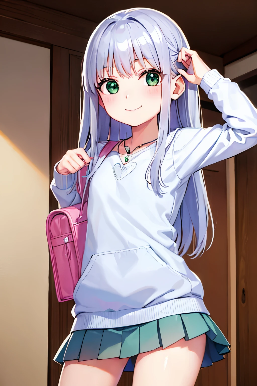 Long silver hair, green eyes, headband, necklace, small, smile, happy, sueter, hood, mini skirt, beautiful thighs, Inside the house, Randoseru, schoolbag