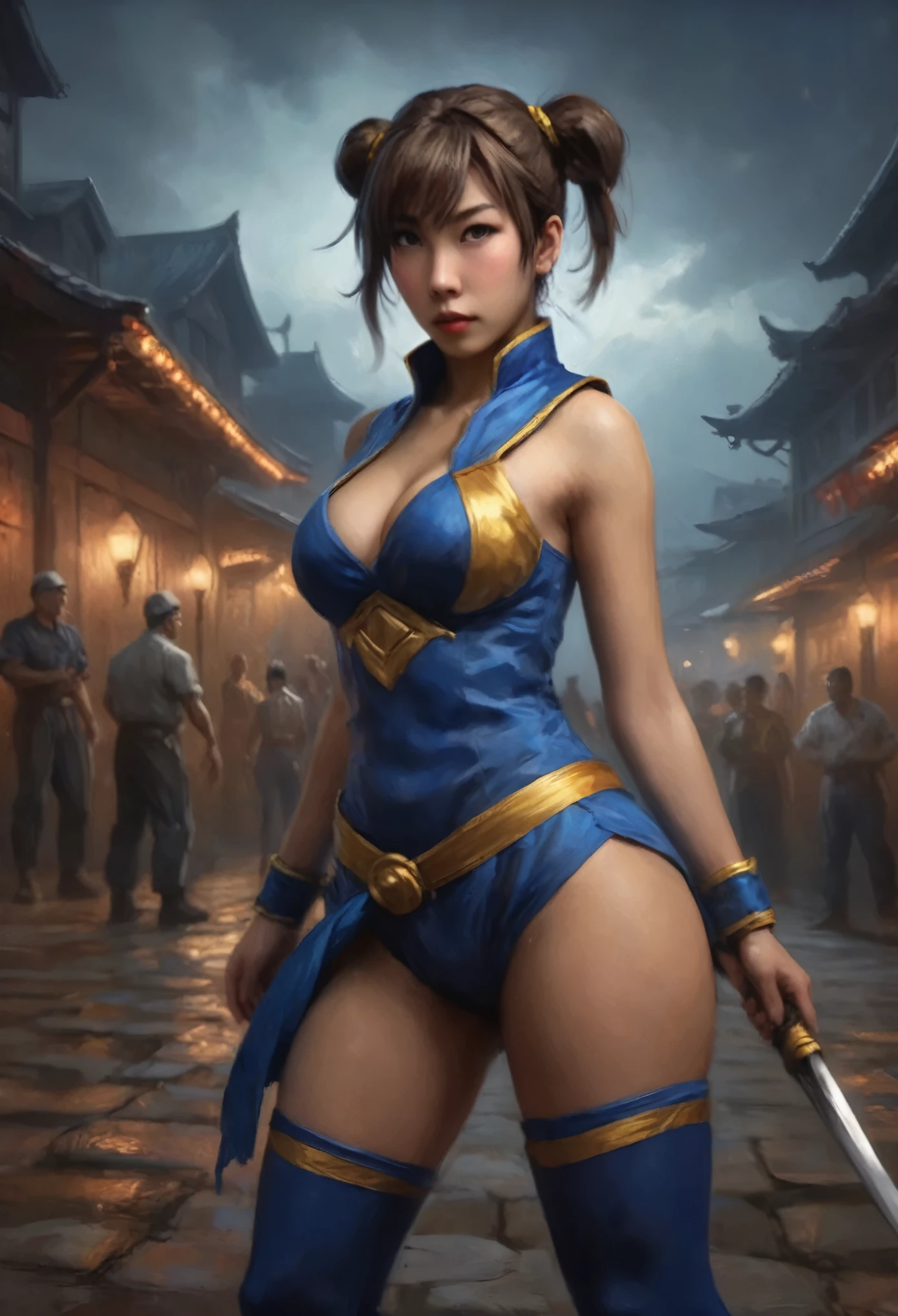 1 cute yuna, sexy chun li outfit, is in a fighting stance ready to face zombies and other terrible monsters, halloween night, view from low angle focused on her butt, (best quality,4k,8k,highres,masterpiece:1.2),ultra-detailed,(realistic,photorealistic,photo-realistic:1.37),HDR,UHD,studio lighting,ultra-fine painting,sharp focus,physically-based rendering,extreme detail description,professional,vivid colors,bokeh,dark fantasy,horror,action,battle,cinematic,dramatic lighting