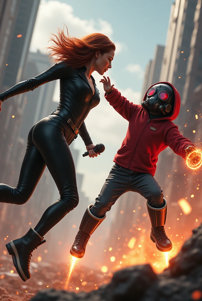 Black widow, realistic, big breasts, microphone, full body  & Youg boy with red hoodie, headphones, Star-lord helmet, rocket boots, gas helmet, covered mouth, round red, eyes, front cover, ??? Star-lord with red hoodie, star-lord helmet, gas helmet, covered mouth, round red eyes, Red eyes, magic rings in the hands and rocket boots, Fighting, power, fiction, 2 persons, magic lasso, hight, fall, DJ, view of the city from above, flying in the sky, capa roja, fire under shoes, Space.