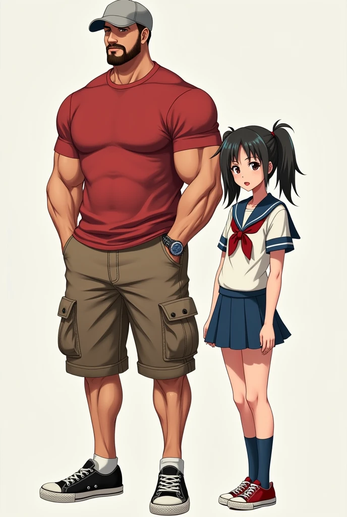Muscular man wearing a shirt with long shorts Long loose shorts With pockets on the sides with converse sneakers red T-shirt and brown shorts Long short, Normal musculature With beard and baseball cap Realistic musculature. The anime style、Very stylized anime style、Next to her is、Short woman in school uniform sailor suit with pigtails and short skirt