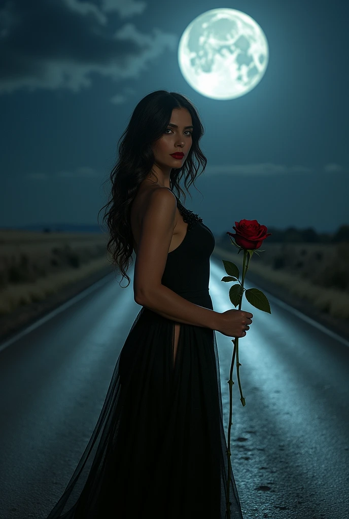 Spanish dark brunette woman, 45 years senior, sensuous, big bust, rosto sensuous, red mouth, dark brown wavy hair down to the butt, large and gluteal, long red dress, at an empty crossroads, full moon at night, looking forward with a rose in hand