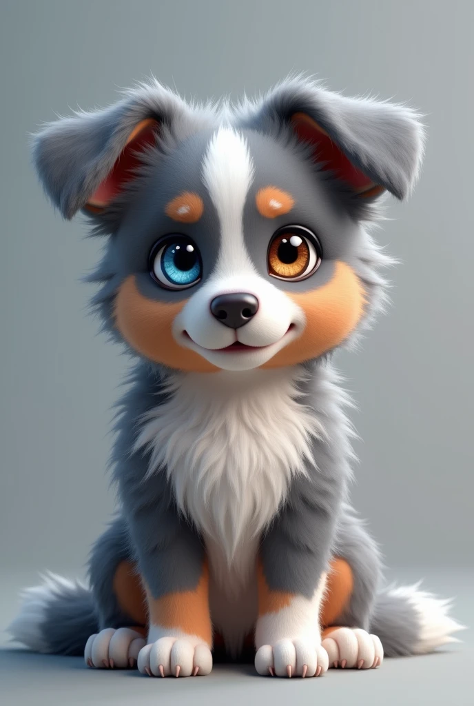 An image that is for an online store, The store is called AstroPaws, Try to make a grey Australian Shepherd with the left eye blue and the other brown drawn there