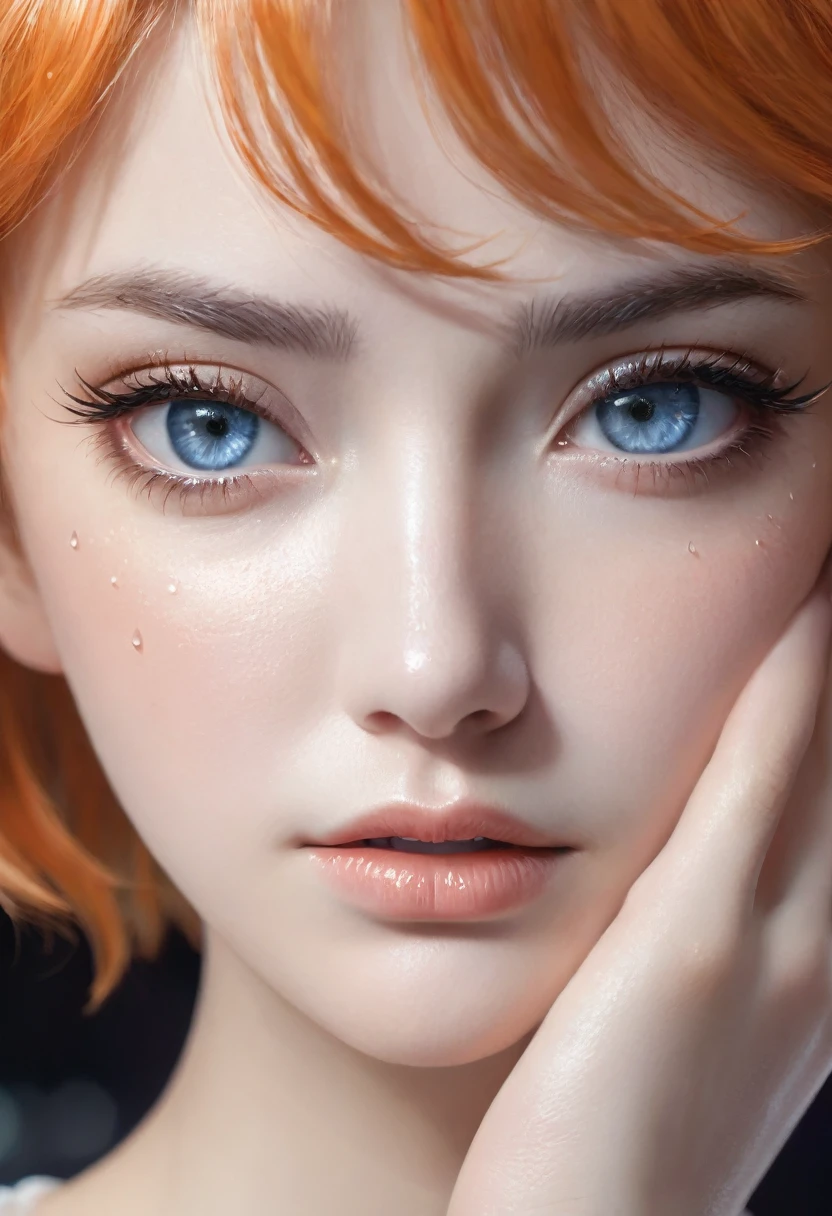 ((close-up, cryin, tears))Beautiful white girl, orange short hair, ((highly detailed eyes)) intense azure eyes,((olhos úmidos de tears, marejados de tears)), (Olhos delicados com tears, is sad, remedy)) , delicate lips), unity wallpaper 8k, (high-range dynamics :1.4), (movie atmosphere),(subdued colors), (natural skin texture, ultra-practical, smooth light, Spitz),(very detailled), natta, moonlights, ((fur body)), ((curly hair)), ((She's sitting in the chair))(( remedy de tristeza)) ((tears na face))