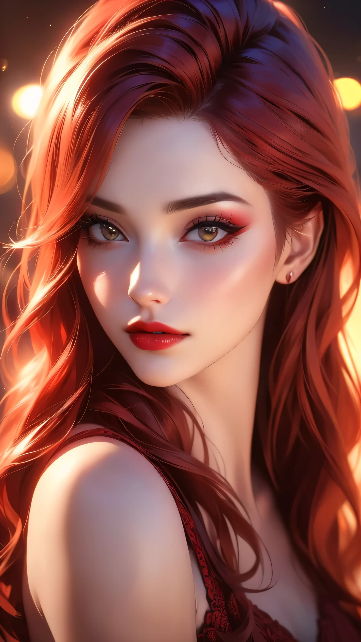 a beautiful woman with long red hair, detailed makeup and red lipstick, cleavage, looking at the viewer, (best quality,4k,8k,highres,masterpiece:1.2),ultra-detailed,(realistic,photorealistic,photo-realistic:1.37),studio lighting,vivid colors,bokeh,cinematic portrait,cinematic,dramatic lighting,warm color tones,high contrast