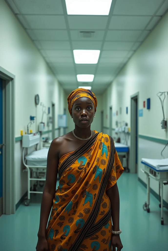 Generate image of African Igbo maternity  as an igbo lady at the babies wards and finds it empty with a shock and surprise on her face and a feeling of fear and tense