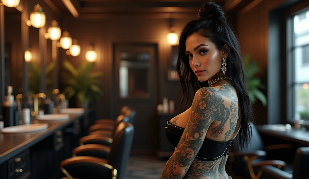 a heavily tattooed and pierced female barber in the empty space of a HI-TECH barber shop, very charismatic, sexy, with a body shape like Monica Bellucci, piercing gaze, 5'7" tall, 40 years.
The style is modern and atmospheric, with an emphasis on detail. The main focus is on the expressiveness of the character and the luxurious setting of the barber shop.
The angle is chosen so, to show the barber in a close-up from the waist up. This allows you to focus on his charismatic image, tattoos and piercings. The barber occupies the central place in the frame, leaning slightly towards the camera, which creates an effect of intimacy and engagement of the viewer. The barbershop is modern and upscale, with sleek, dark toned decor, leather chairs, and polished surfaces. The lighting in the room is soft, highlighting the luxury of the barbershop, illuminating interior elements, executed with great attention to detail.
The color palette is kept in warm tones, in rich colors. Dark and rich colors predominate: deep brown and black interior hues, silver and soft warm light accents, illuminating tattoos and details of the room. The barber's skin tone is natural, but somewhat enhanced for contrast with his dark tattoos and clothing. tattoos, In turn,, stand out in bright colors