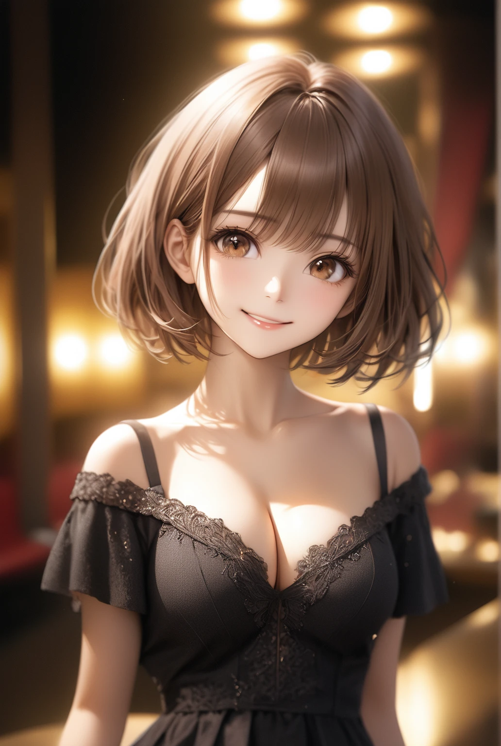 night, RAW Photos, (((Very beautiful portrait))), (Very beautiful portrait))), 1 girl, sexy 2 girl, ((Natural brown short hair)), [Brown eyes],A gentle smile looking at the camera(Cleavage), ((masterpiece, 最high quality, Super detailed, Cinema Lighting, Intricate details, High resolution, 8k, Very detailed)), Detailed Background, 8k UHD, Digital SLR, Soft lighting, high quality, Film Grain, Fujifilm XT3, Shallow depth of field, Natural light, Perfect Face