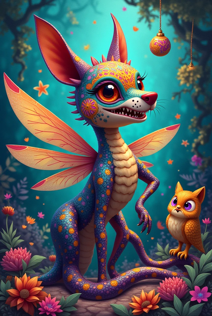 I would like to create an alebrije that is a combination of a dragonfly, SNAKE, dog, shark, wolf and owl