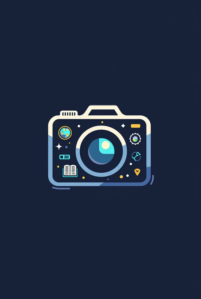 logo with Camera Icon with Icons: A stylized camera with smaller icons inside (like a globe, a book, a magnifying glass), representing the capture of curiosities