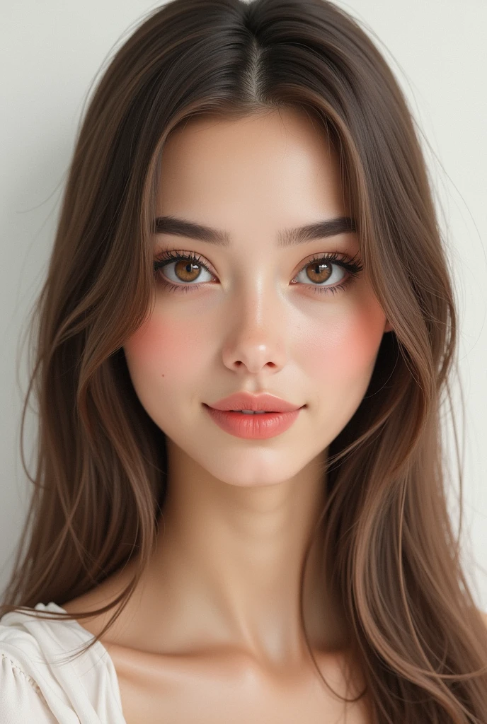 A drawing of a white woman, with light brown eyes, Long hair, straight brown, long and elegant eyelashes 