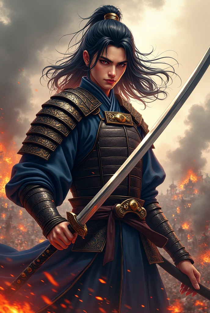 Create a young male character with manga traits, with long hair samurai armor without helmet holding a katana in the middle of war