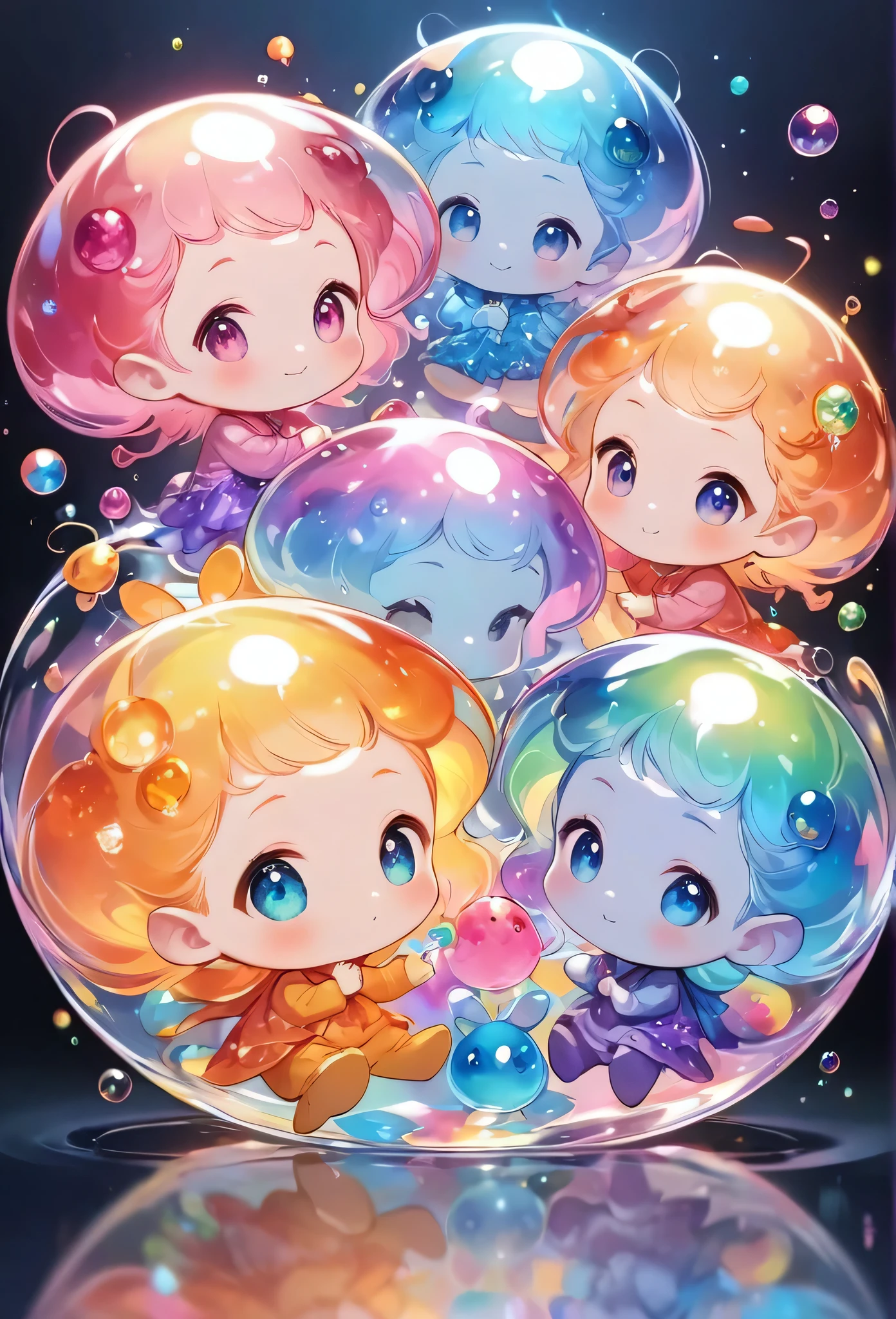 Cute aliens, All in one, Tiny nuclei that shine in fantastical rainbow colors,and a completely melted jelly fusion, Very transparent material, High viscosity, Elasticity due to surface tension, Holographic sparkling reflections, Create an engaging impression on your audience