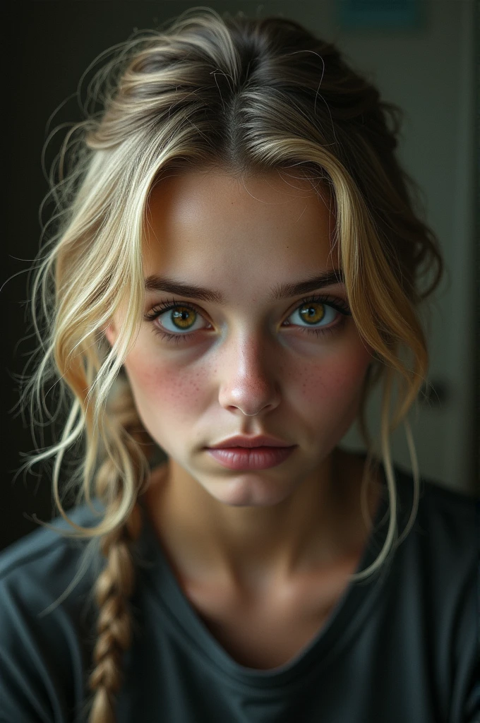 Girl with dirty blonde hair and a mullet haircut with hazel eyes