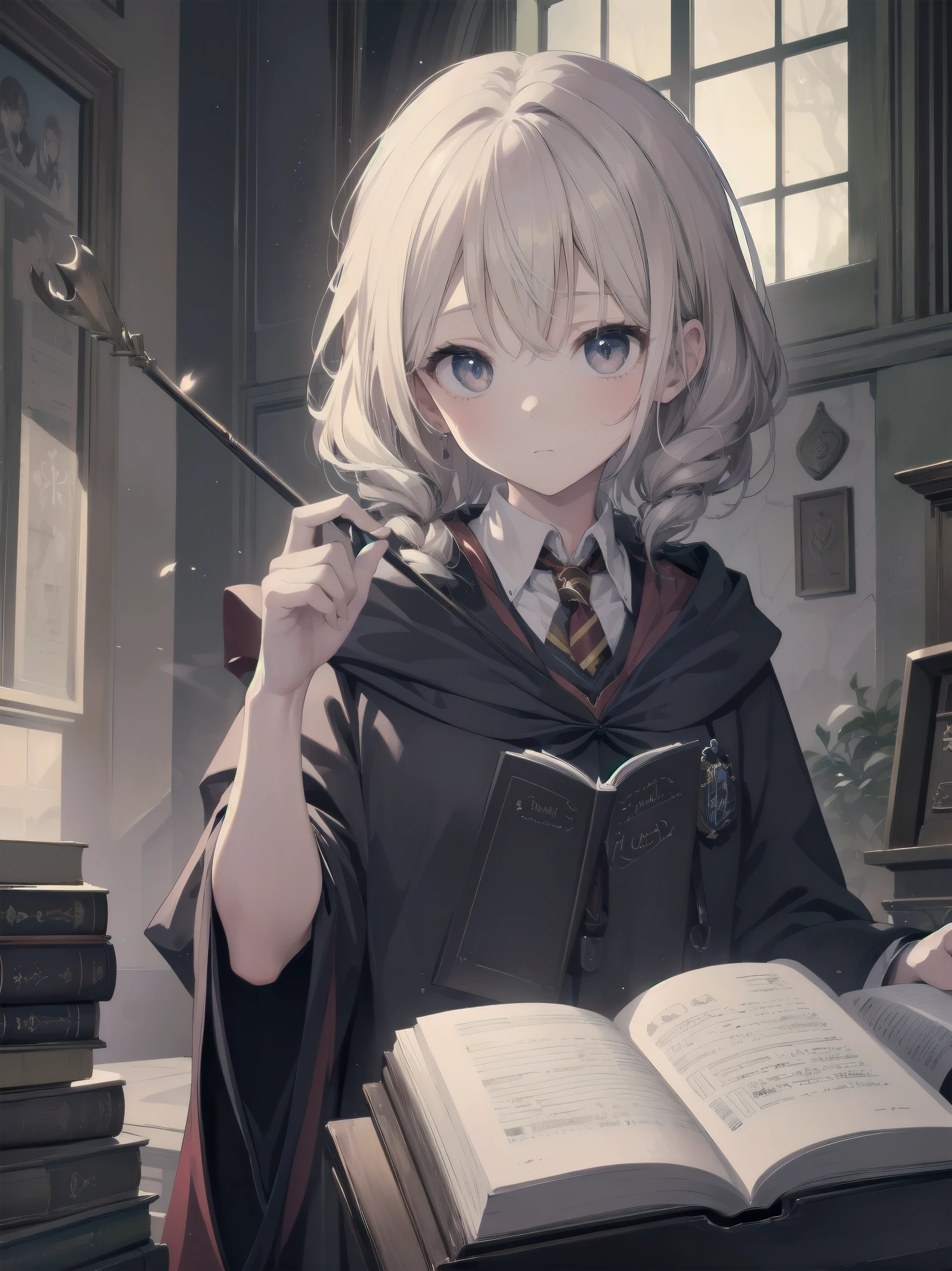 Masterpiece, Top Quality, Absurd, High Resolution, Subject Seismic, Animation Style Illustration with Mock Pause, 1 Girl, Solo, Cute random hairstyle, beautiful random expression and face, random age, slender, random clothing for situation,wizard robes, wand, magical castle, owl, spell book, (Hogwarts: 1.2), magic, wonder, (Harry Potter inspired: 1.3), mysterious atmosphere, details