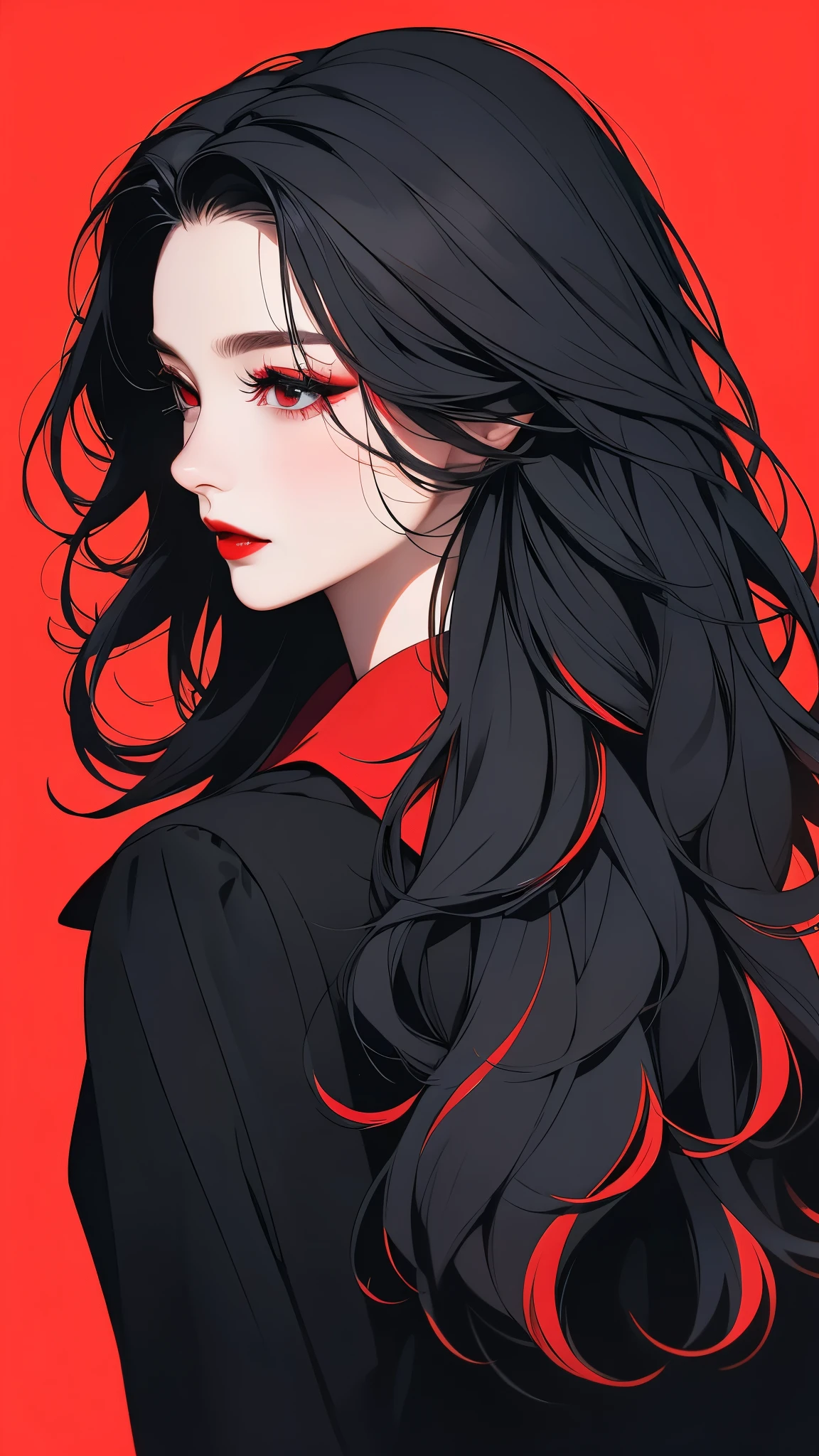 colored hair, black coat with red lining and red collar, looking at camera, 1girl, solo, profile, red lips, black background, black hair, long hair, lips, makeup, from side, lipstick