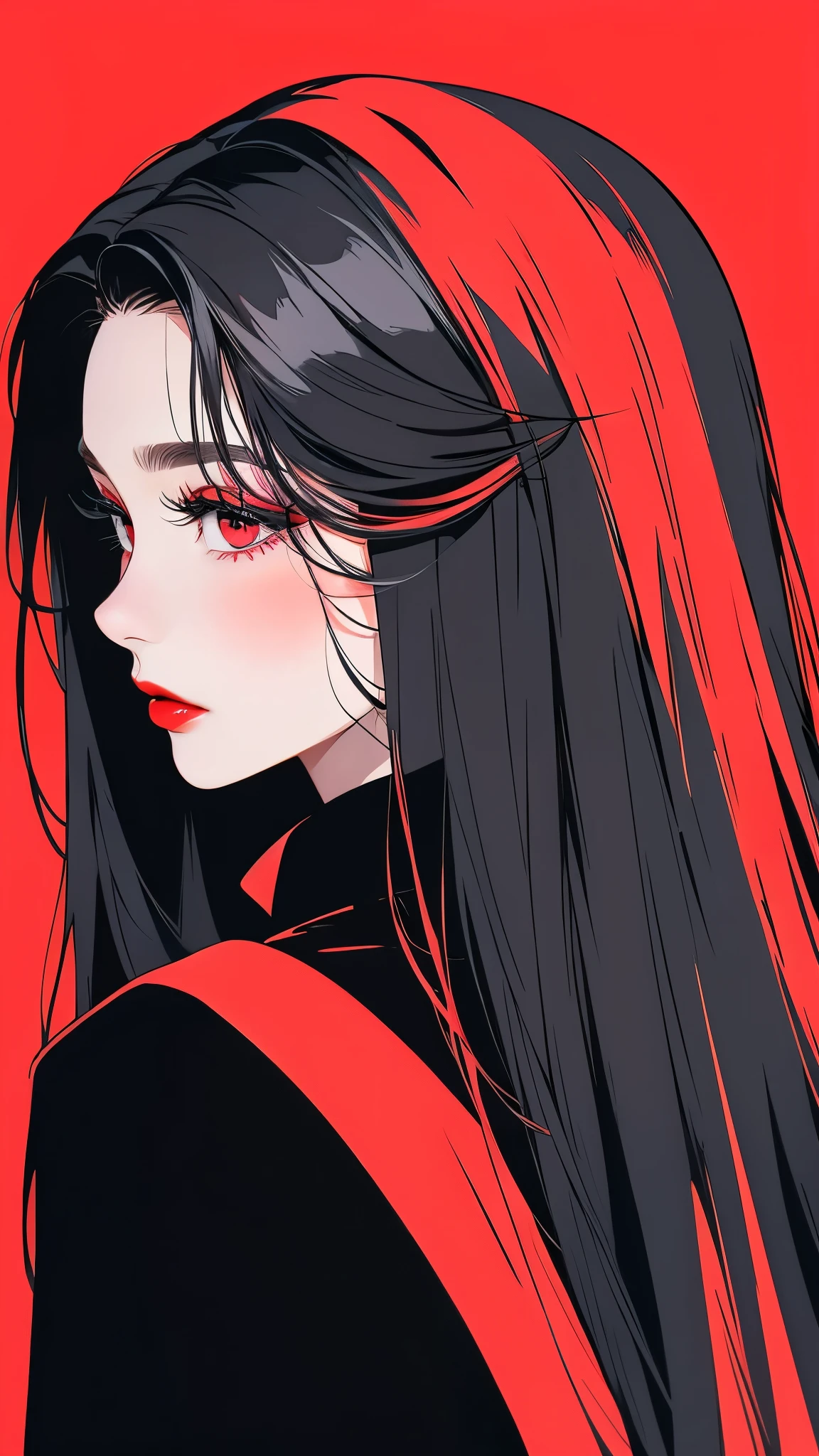 colored hair, black coat with red lining and red collar, looking at camera, 1girl, solo, profile, red lips, black background, black hair, long hair, lips, makeup, from side, lipstick