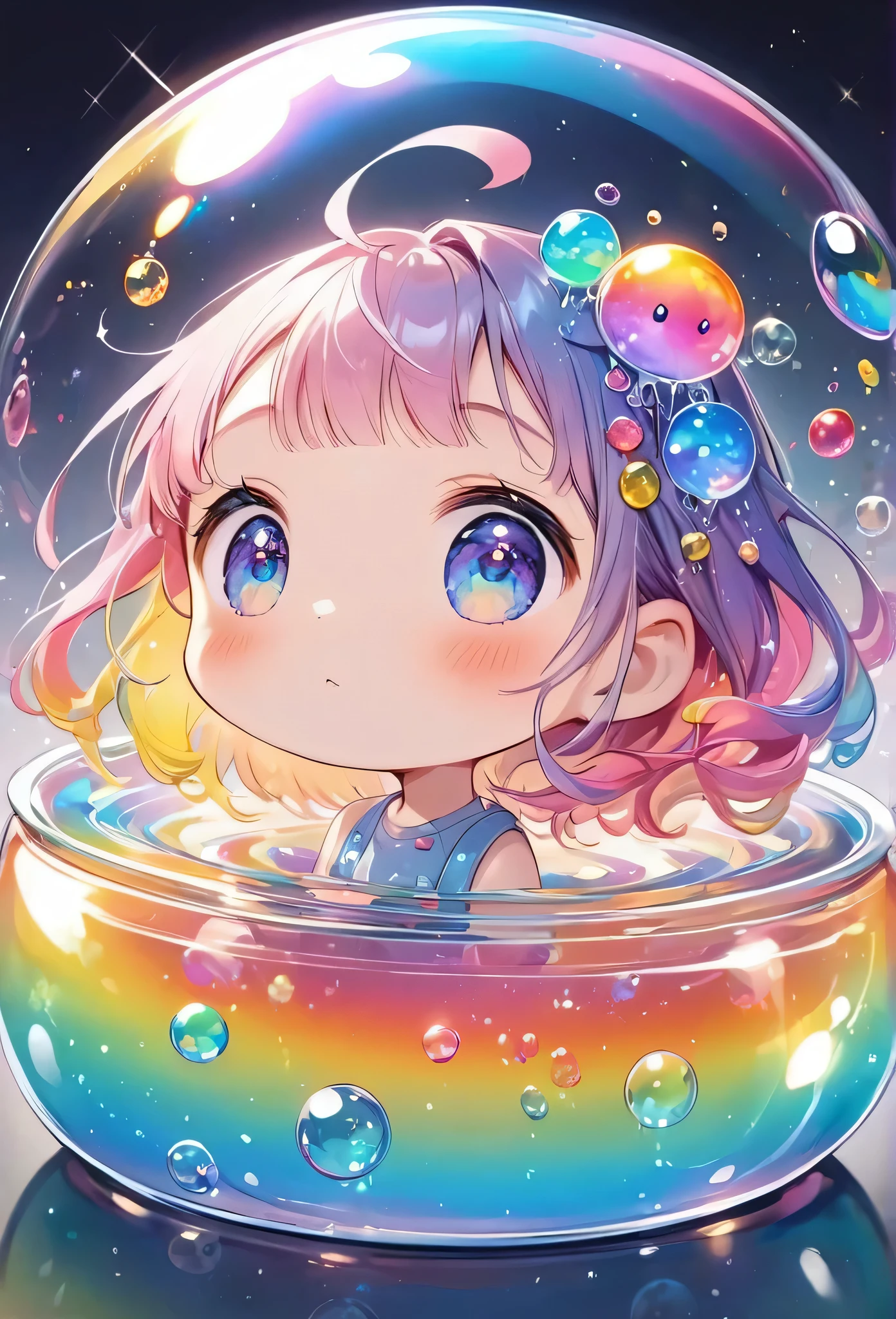 Cute aliens, All in one, Tiny nuclei that shine in fantastical rainbow colors,and a completely melted jelly fusion, Very transparent material, High viscosity, Elasticity due to surface tension, Holographic sparkling reflections, Create an engaging impression on your audience