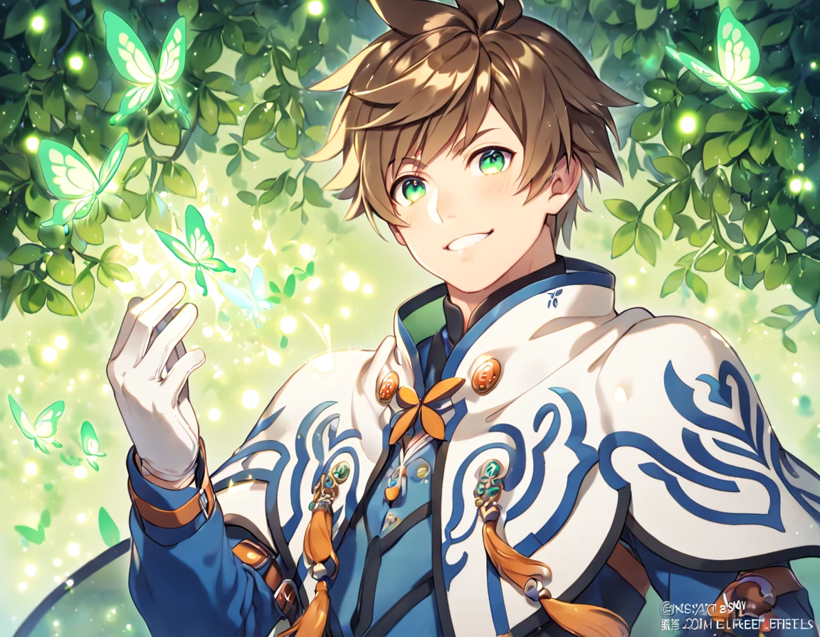 absurdres, highres, ultra detailed, HDR, master piece, best quality, extremely detailed, detailed eyes, Sorey, brown hair, expressive green eyes, Tales Of Zestiria, solo, sexy man, sensual, handsome, smile, manly man, blue clothes, white cape, white gloves, under a green tree, fantasy, magical, glittering fireflies, green butterflies, green flames, magic, green leaves