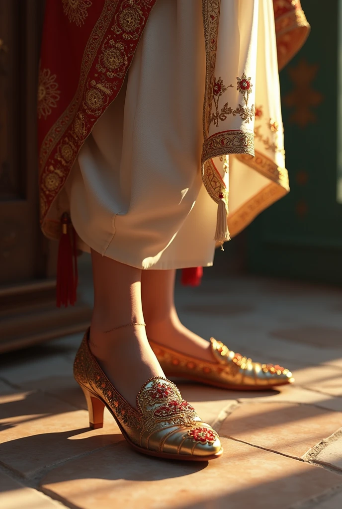 A beautiful girl with elegant feet wearing traditional Pakistani khussa (embroidered footwear typically worn by girls). Her ankles are covered with clothes, and the focus is on her footwear and overall attire, highlighting the intricate design and cultural essence of the khussa.