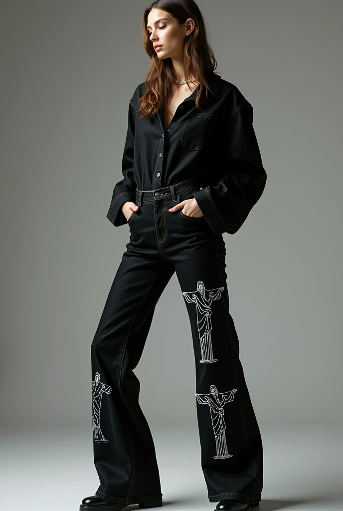 Create an image of a model wearing black jeans but on the pants there are contour drawings of Christ the Redeemer in Rio de Janeiro
