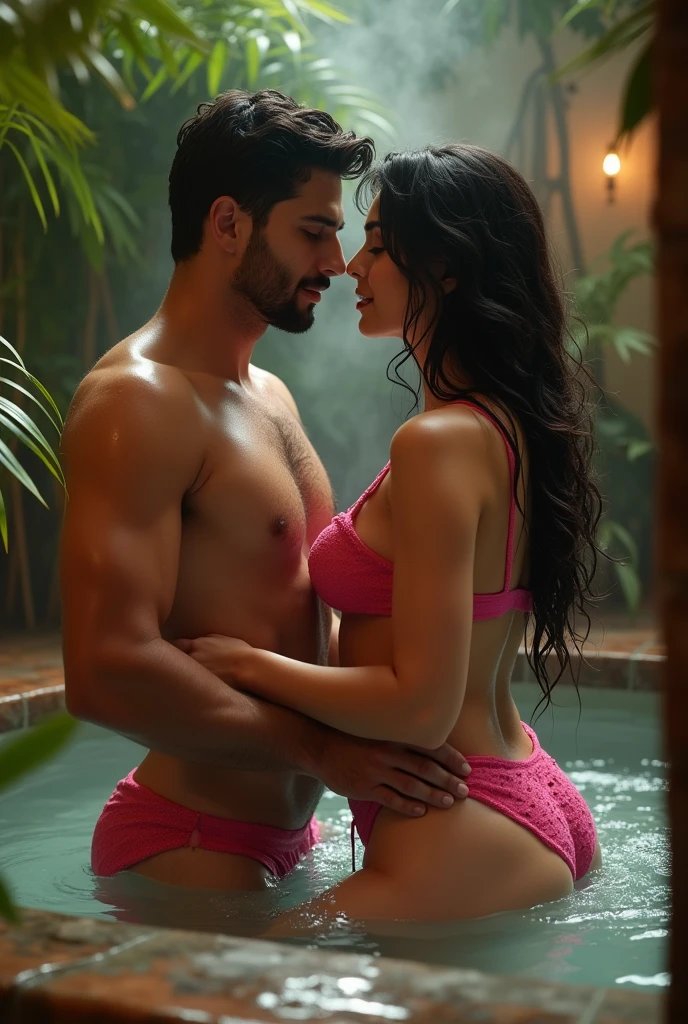 Indian bhabhi in pink panty bathing with man