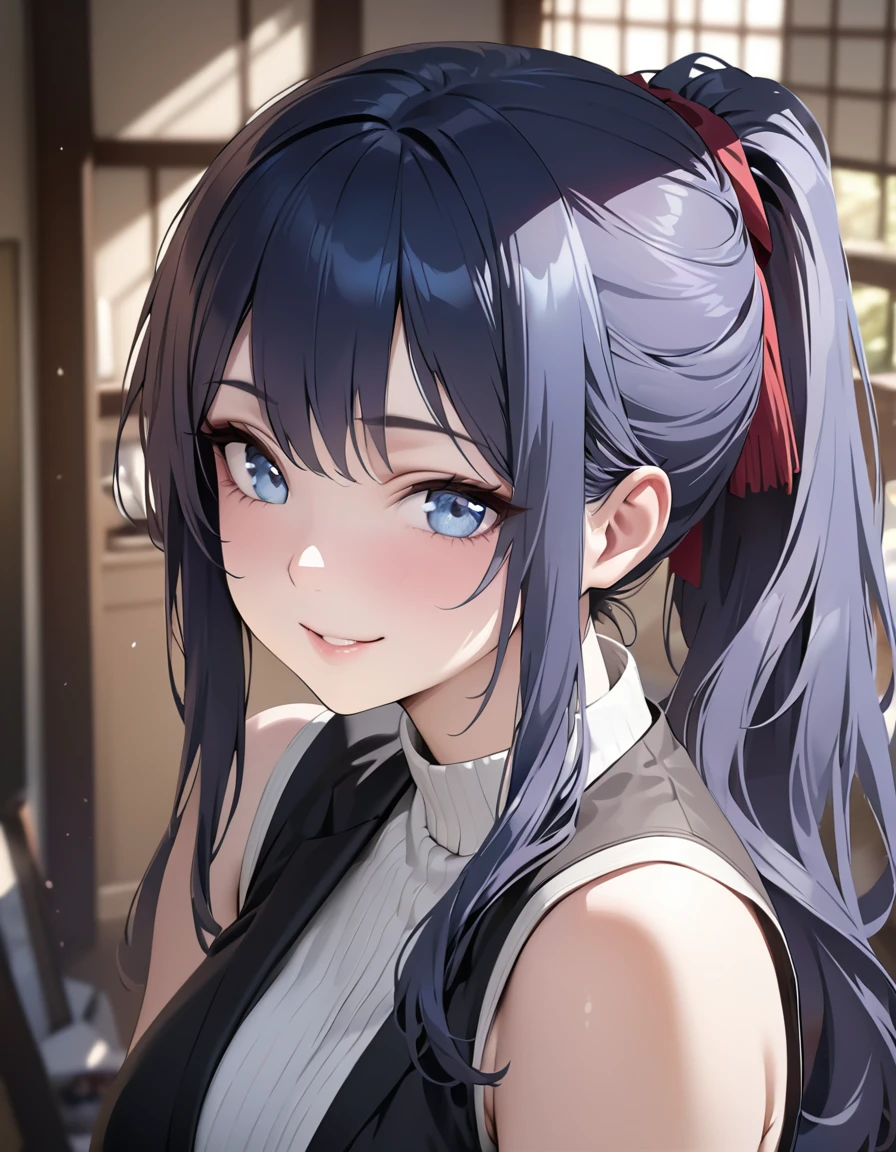sleeveless, ponytail, japanese girl, 8k, Legal Photos, top quality, masterpiece, realistic, Realistic super detail, one girl, cute, best smile, beautiful eyes, long hair, Perfect facial features,