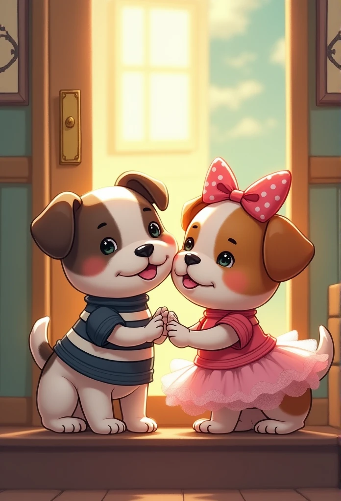 Anime style photo of a French bulldog wearing a stripped shirt and a mixed bulldog wearing a tutu and bow sitting on the stairs of a house., cute detailed digital art, highly detailed official artwork, Adorable digital painting, character portrait, art background, anthropomorphic French bulldog, by Yao Tingmei, Detailed key anime art