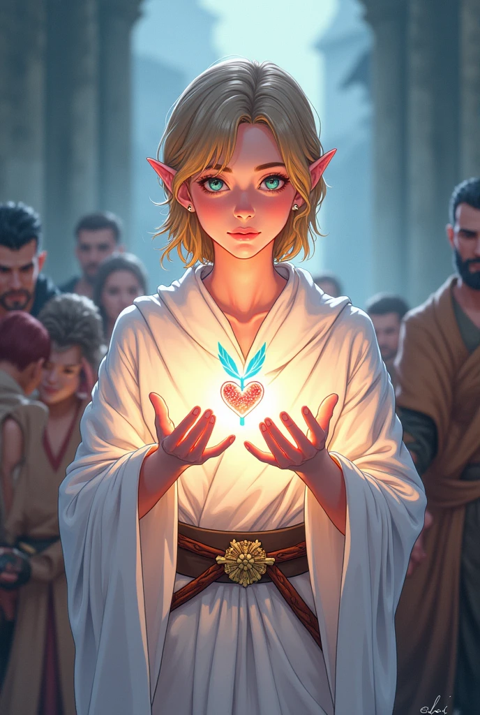 a young half-elf man with delicate, feminine features and shoulder-length light brown hair.
wearing white medieval clothing with a symbol of a light blue feather over a red heart drawn on the clothes at chest height.
emitting light from hands to heal injured people in medieval anime cartoon style