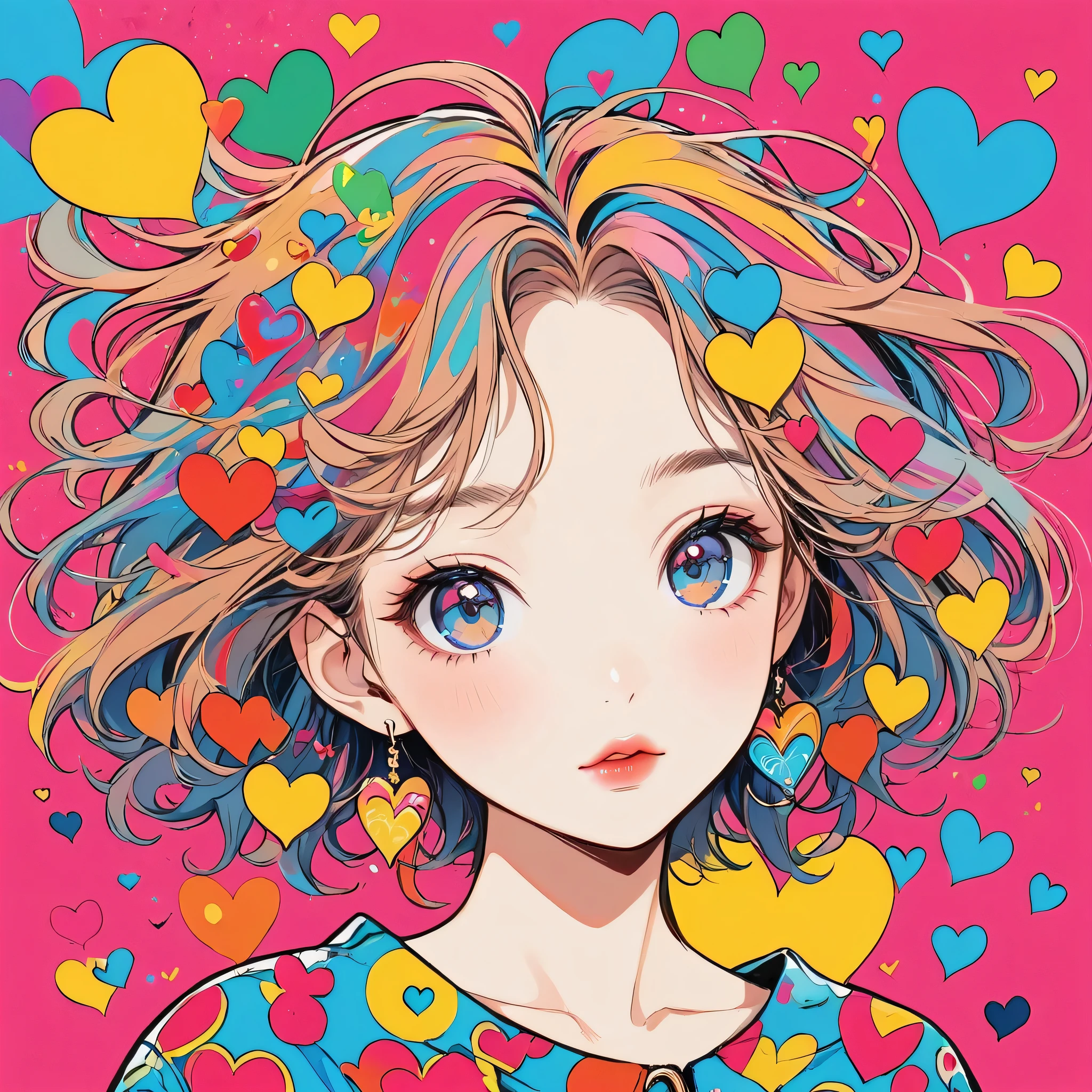 Keith Haring colorful style, Simple Line Initialism,Abstract art,Urban Background, (((The most beautiful girl of all time))), Sweet face. Lips in love, colorful hearts, stylish design