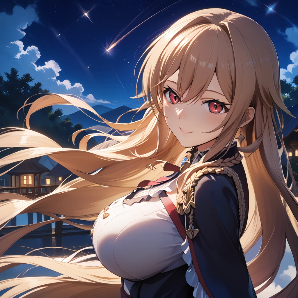 (masterpiece),(Highest quality),(Very detailed),(Best illustrations),(Best Shadow),(Absurd),(Detailed Background),(so beautiful), 4K, 8k,

anime style,

frnel, very long hair, blonde  hair, brown hair, bangs, red eyes, hair between eyes, large breasts, 

Detailed eyes,
heart,
(smile:0.5),

late night,
Stars, Shooting star,
from side,
Background Blur,