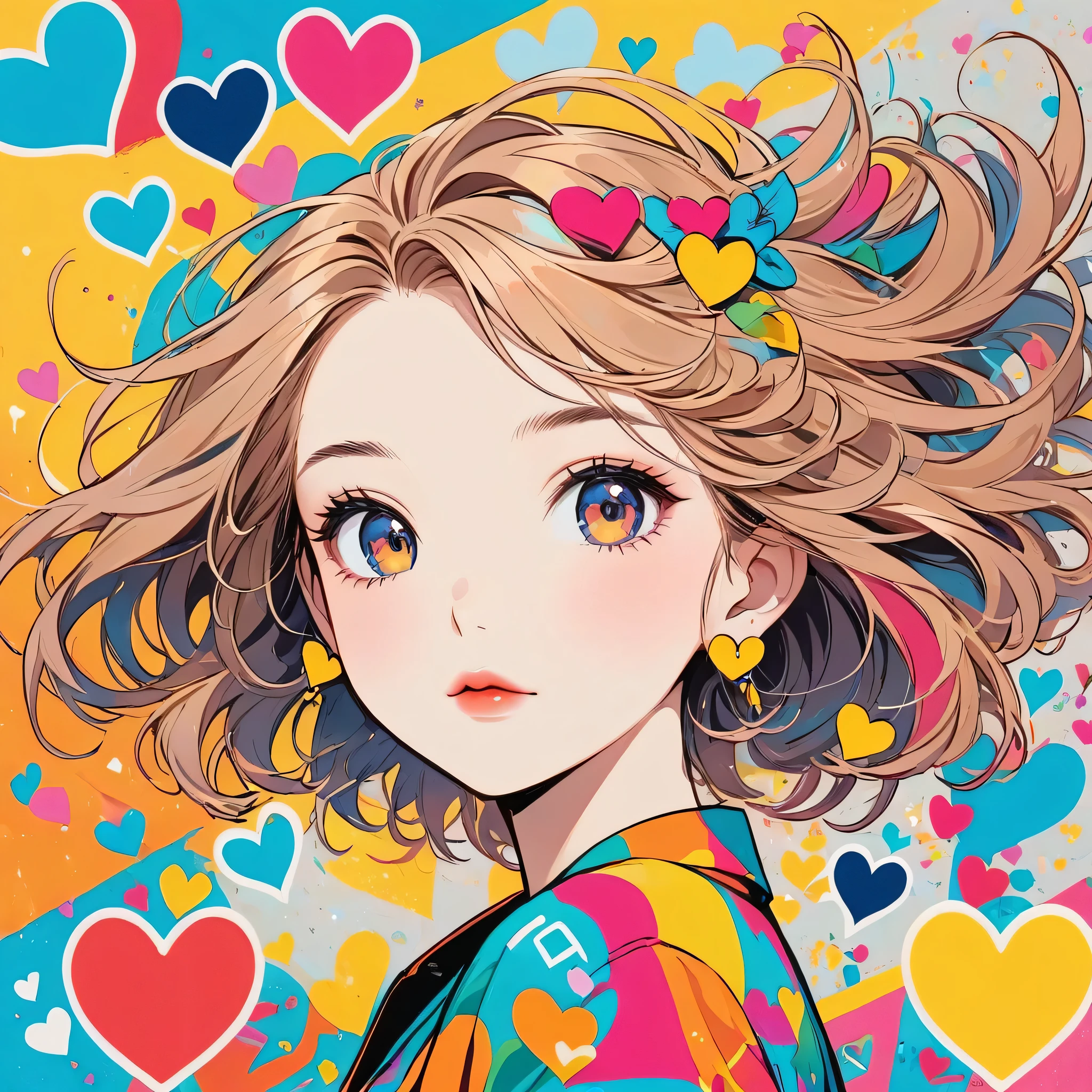Keith Haring colorful style, Simple Line Initialism,Abstract art,Urban Background, (((The most beautiful girl of all time))), Sweet face. Lips in love, colorful hearts, stylish design