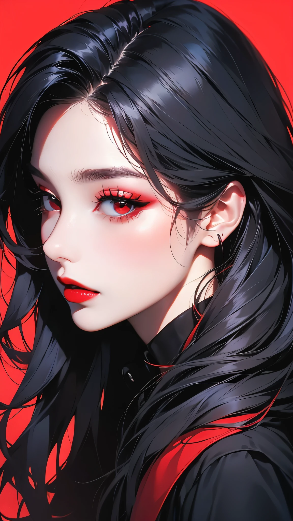 colored hair, black coat with red lining and red collar, looking at camera, 1girl, solo, profile, red lips, black background, black hair, long hair, lips, makeup, from side, lipstick