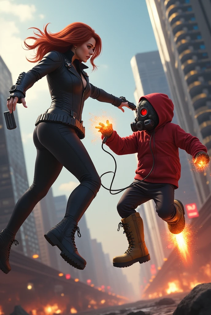 Black widow, realistic, big breasts, microphone, full body  & Youg boy with red hoodie, headphones, Star-lord helmet, rocket boots, gas helmet, covered mouth, round red, eyes, front cover, ??? Star-lord with red hoodie, star-lord helmet, gas helmet, covered mouth, round red eyes, Red eyes, magic rings in the hands and rocket boots, Fighting, power, fiction, 2 persons, magic lasso, hight, fall, DJ, view of the city from above, flying in the sky, capa roja, fire under shoes, Space.