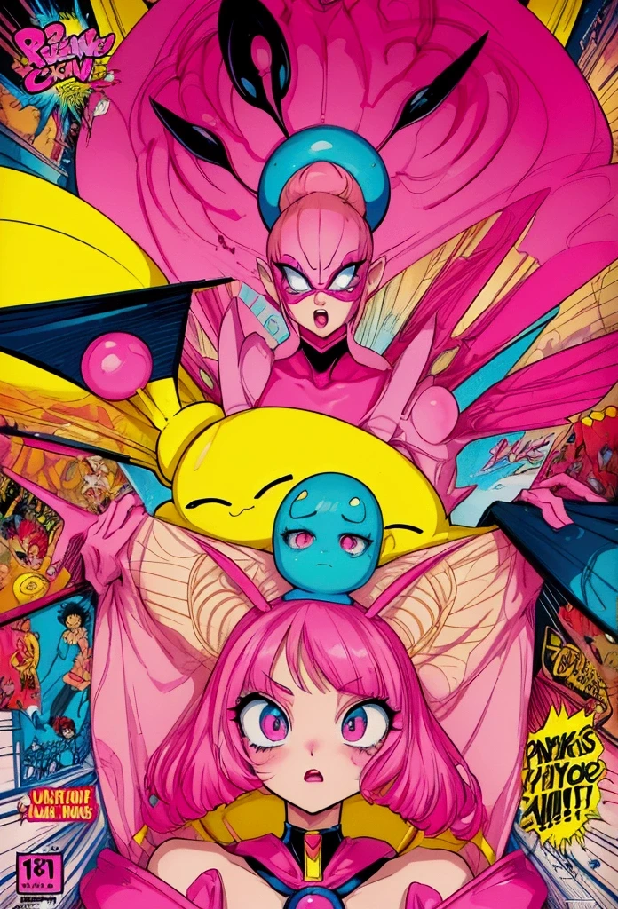 a close up of a cartoon character with a pink outfit, hylics artwork, vibrant fan art, trending on artstation.', comic cover art, 90s comic book character design,epic comic book style, marvelous expression, comic book cover art, pink iconic character, by Android Jones, comic book art style, by Pedro Pedraja