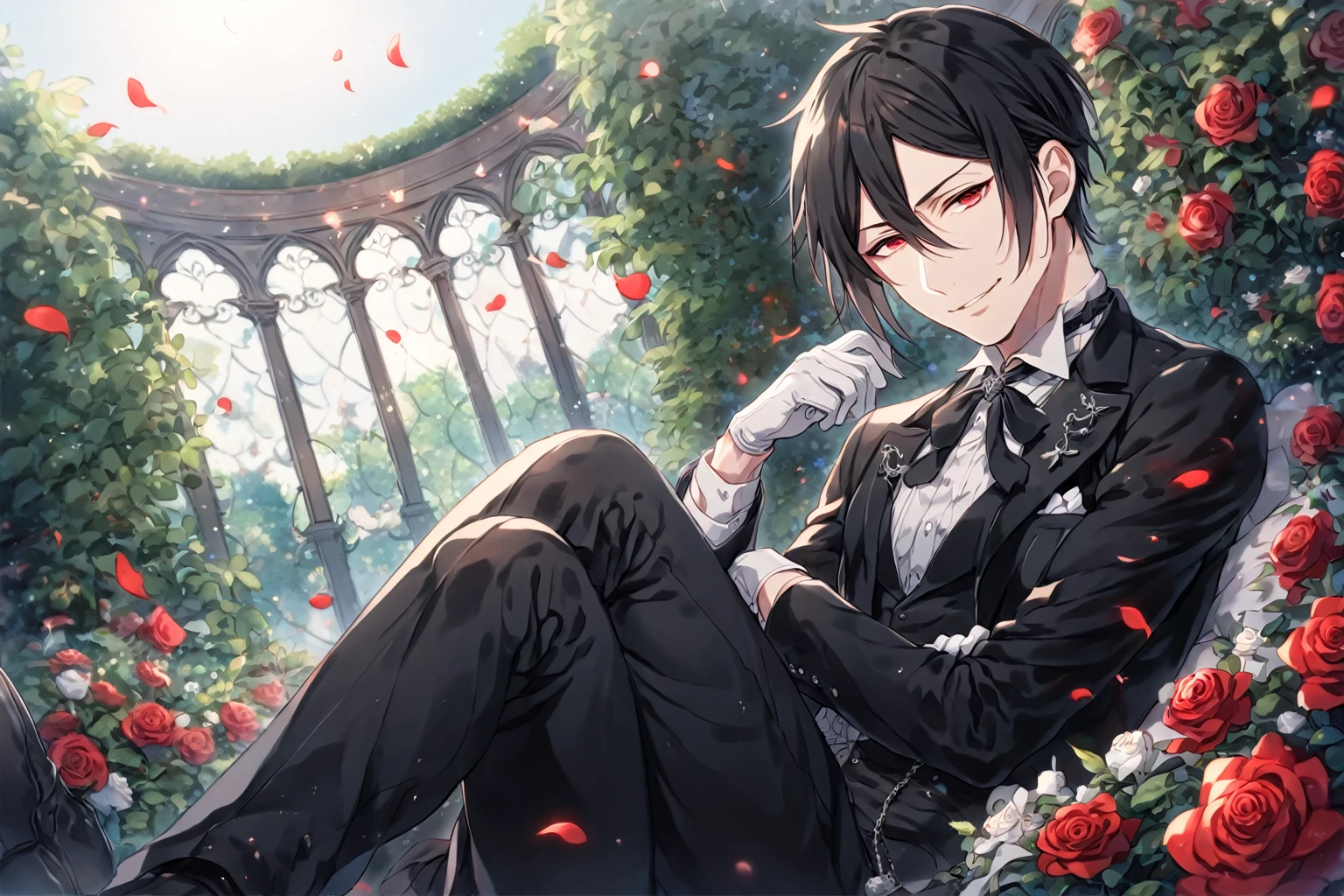 absurdres, highres, ultra detailed, HDR, master piece, Sebastian Michaelis, black hair, expressive red eyes, black clothes, white gloves, black pants, Kuroshitsuji, sexy man sitting, handsome, best quality, fantasy, magical, solo, sensual, window, garden, handsome smile, red roses, mansion, Black Butler, manly man, mature man, adult face,