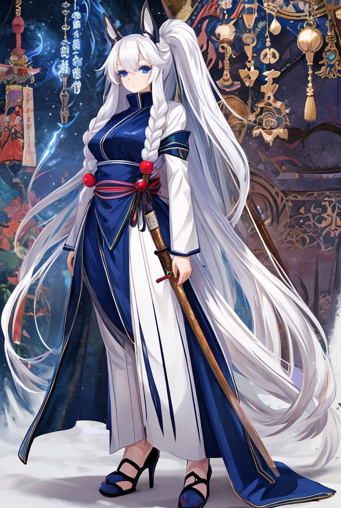 tall woman, Black blue suit with a high collar that has an eye and swirl symbol, loose pants , blue eyes, White hair, long white eyelashes, turtle neck(( 12cm heels)) tall black, Curvy body, dark round cravings, Long hair, with braids, ((naginata weapon)) Japanese anime style drawing,,