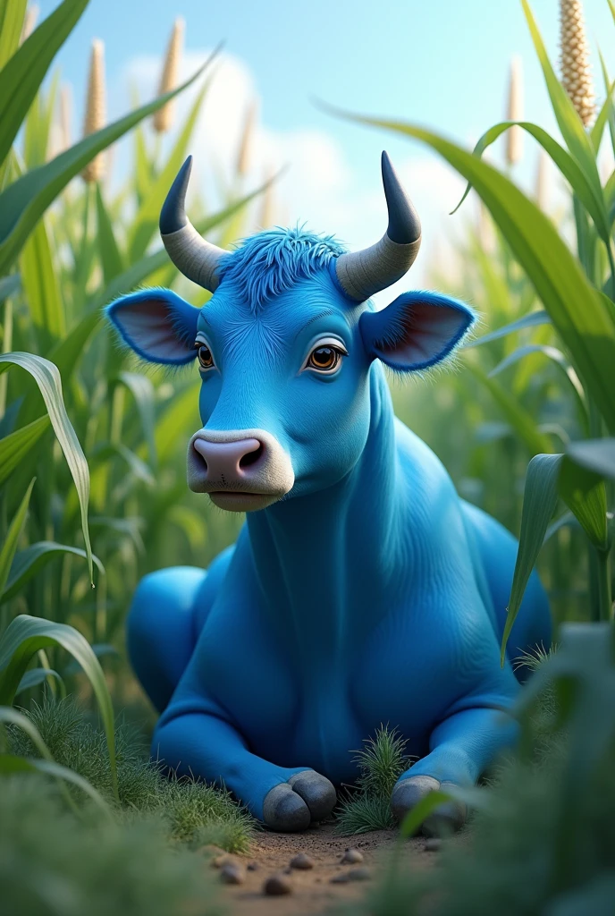 Une vache bleu assis dans un champ de maïs
