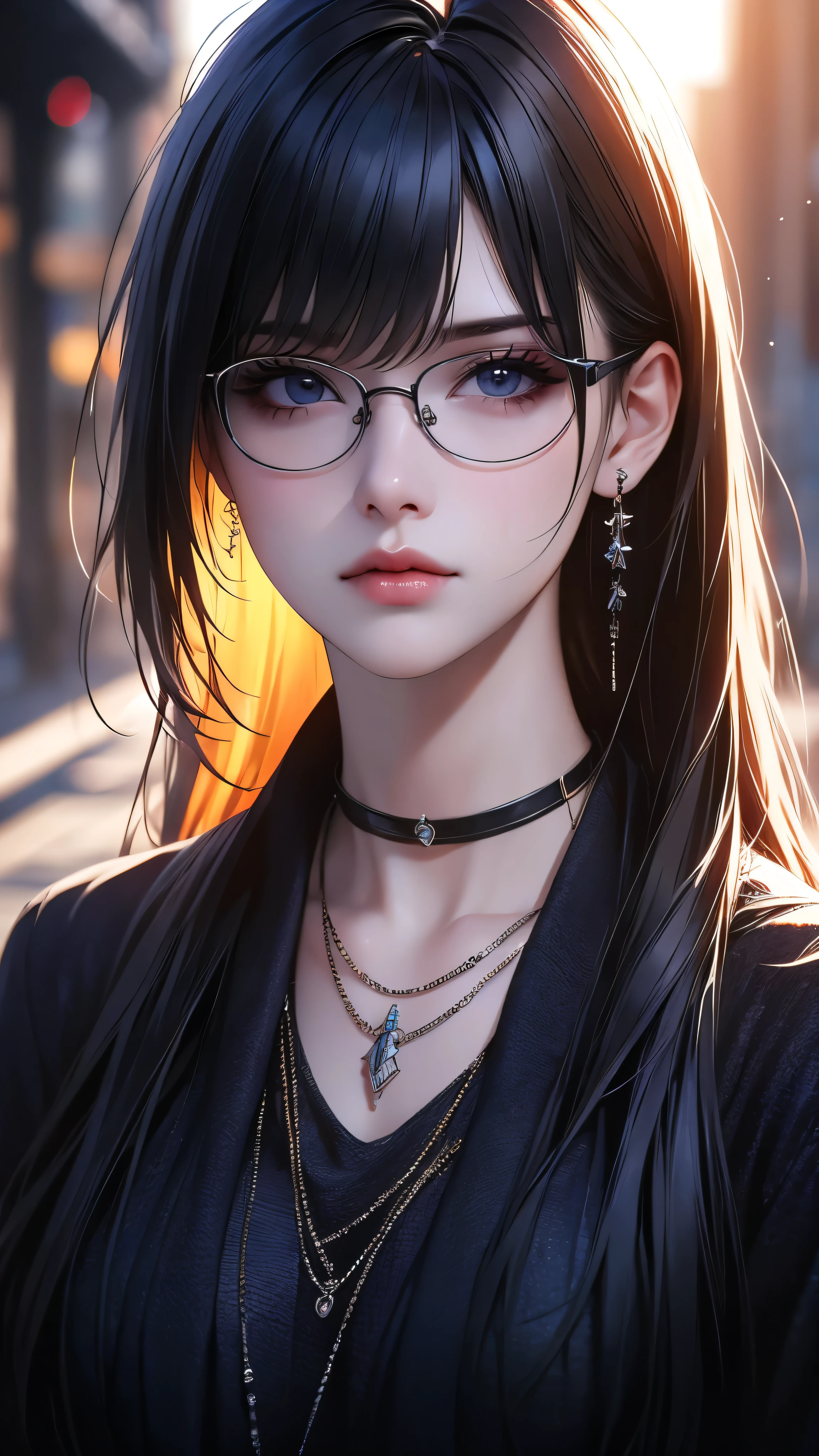 1girl, jewelry, glasses, solo, necklace, long hair, looking at viewer, earrings, bangs, black choker, lips, black-framed eyewear, blurry, blurry background, rolls her eyes, close-up, cinematic lighting, bright colors, photorealistic, concept art style, high quality, 8K, HDR, physical rendering, extreme detail, blur, depth of field, blurred foreground,